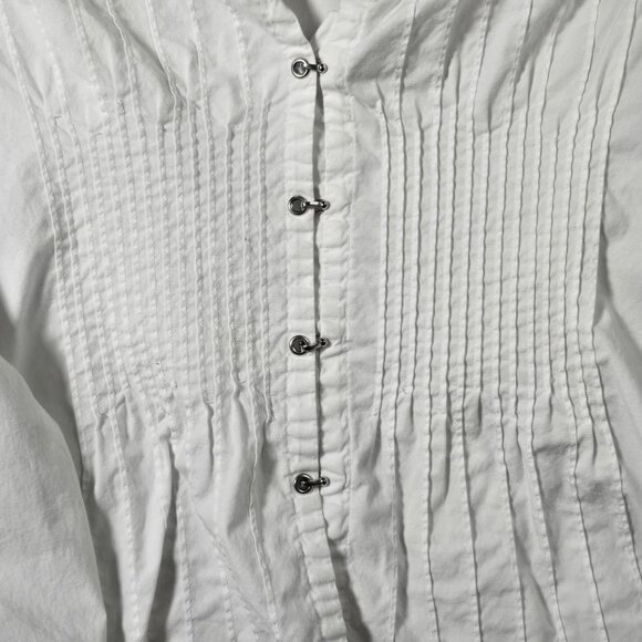 Quizz Stretch White Pintuck Blouse Hook Front Fitted Long Sleeve Size M - Picture 7 of 10